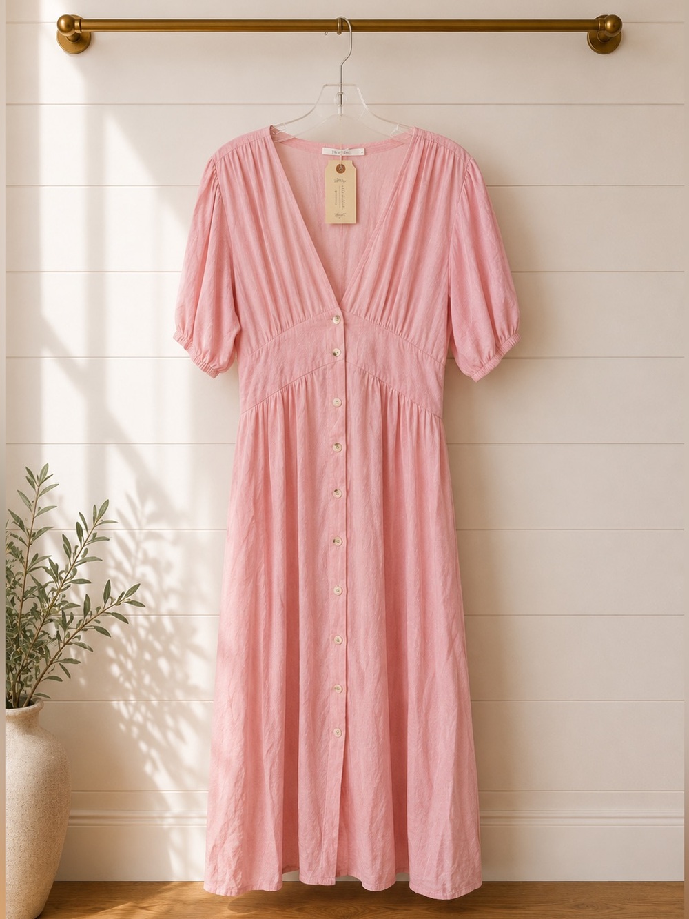 Anthropologie Abel the Label Pink Linen Blend Midi Dress | Size L